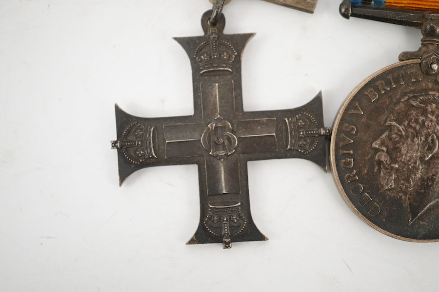 A George V First World War Military Cross (MC) medal group, comprising of a military cross, British war medal, and the victory medal. Condition - poor, the name of the recipient has been removed leaving only ‘W. York R.’